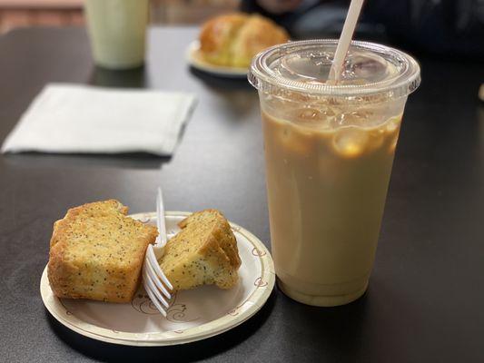 Lemon poppyseed muffin and a s'mores and coconut iced latte.