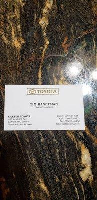 This is Carter Toyota's rude salesman Tim Hanneman's business card that he threw at me today, December 12, 2018.