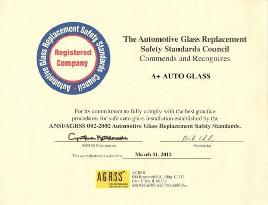 We are an AGRSS Registered Company.  Find why it is important to choose an AGRSS shop at: safewindshields.org