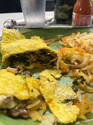 Chicky omelette and hash browns