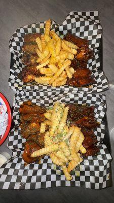 (Top) - Lemon Pepper wings, Cajun fries, & Hot Honey wings  (Bottom) - Buffalo wings, garlic Parmesan fries, & Korean BBQ wings