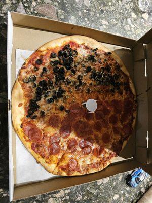 Half pepperoni, half black olive.  Not bad