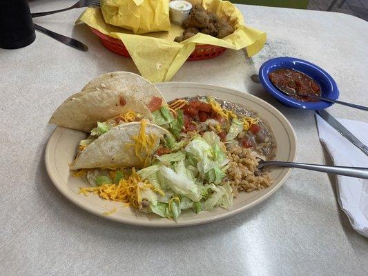 Chicken tacos beans & rice wife had a Blt with fried mushrooms