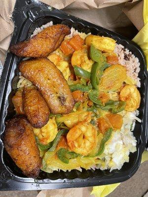 Curried shrimp, cabbage, rice, plantain