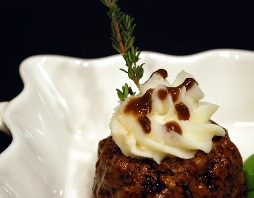 Miniature meatloaf with piped pomme frites