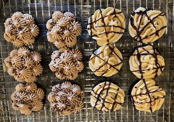 Double Chocolate Sourdough Mini Cupcakes w/Dolce de Leche buttercream and espresso buttercream topping