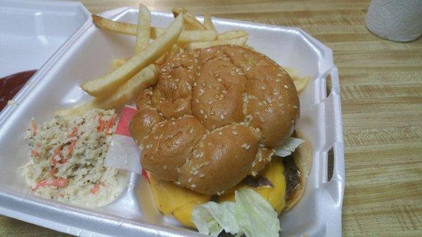 Cheeseburger fries and coleslaw