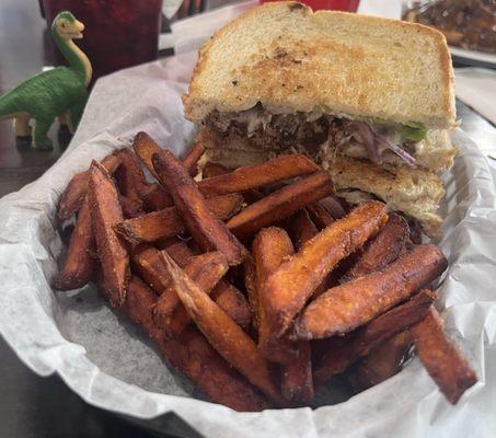 Meatloaf sandwich and sweet potato fries