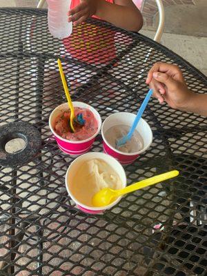 No1. Blue Pop, raspberry with chocolate sprinkles.  No2. Cake batter and sugar cookie No3. Oreos and sugar cookies with Oreos crumbles