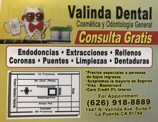 Valinda Dental flyer in Spanish