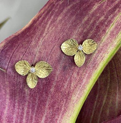 18k gold and diamond hydrangea blossom earrings, by Ellie Thompson