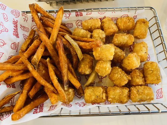 sweet potato fries and tots - one french fry sneaked in