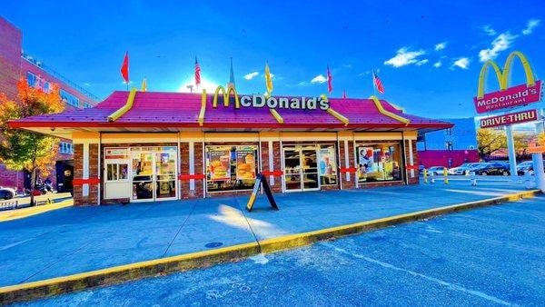 Old school McDonald's with a drive-thru on a sunny day