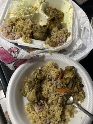 Curry chicken, rice with peas