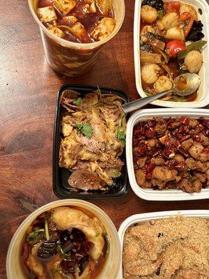 Ma po tofu,scallops in garlic sauce, La Tsi Chicken,fried shrimp in flavored bread crumbs,fei teng fish fillet,sliced beef and tripe