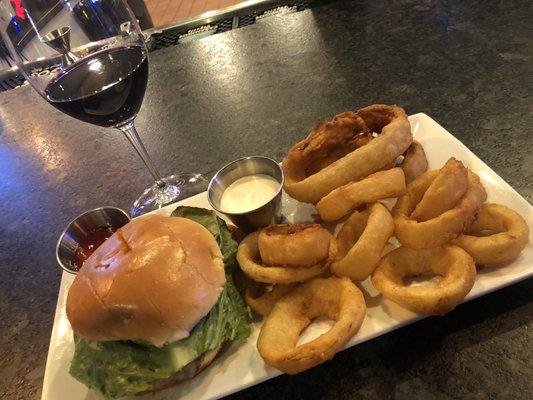 Burger with Onion Rings.