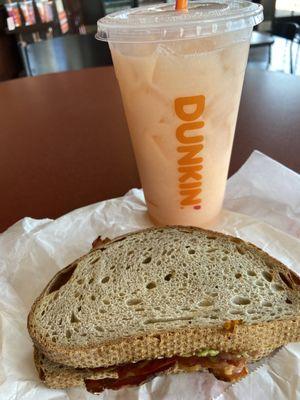 Bacon Avocado Tomato Sandwich and Peach Passion Fruit Dunkin' Coconut Refresher