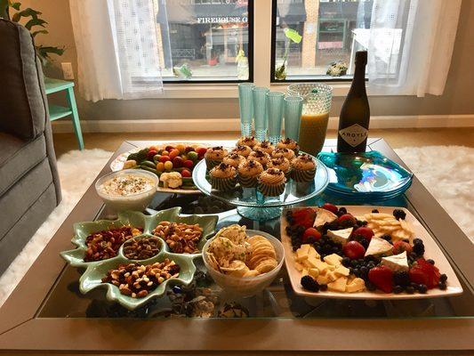 A little goodies table we provided a party of ladies for a Spa Day! With mimosas, birthday cupcakes, and snacks.