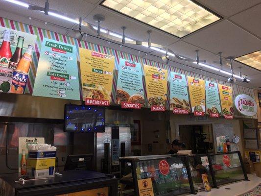 Taqueria Taquito Express located inside of BP gas station on corner of Chamblee Dunwoody and Mount Vernon Road. Menu board