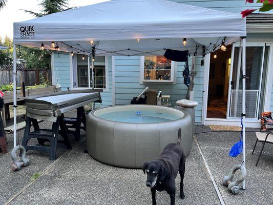 Our softub and temporary gazebo