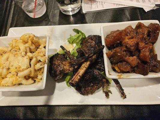 Lamb Chops, mac and cheese, yams