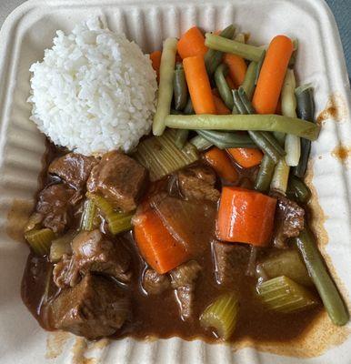 Beef Stew w/ steamed veggies and white rice