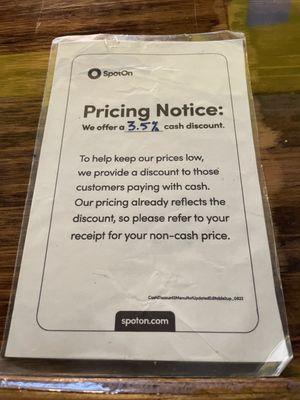 Pricing notice - fee for credit card use