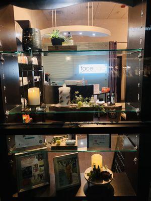 A little Inside peek of our Spa lobby retail area from our outdoor window display at night