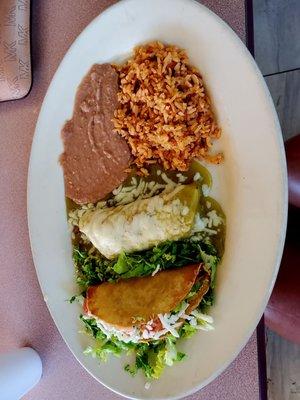 Crunchy chicken taco & green pork enchilada!