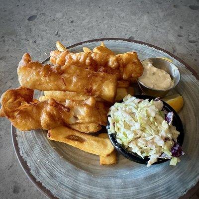 Cod Fish and Chips with coleslaw.