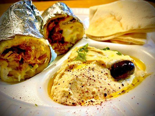 Chicken shawarma wrap and hummus