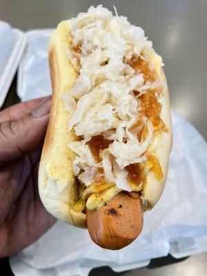 Veggie Dog with sauerkraut hot relish & brown mustard