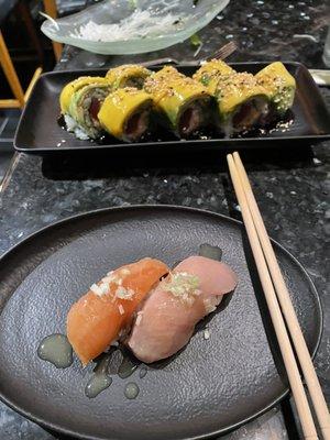 Hawaiian roll and salmon nigiri