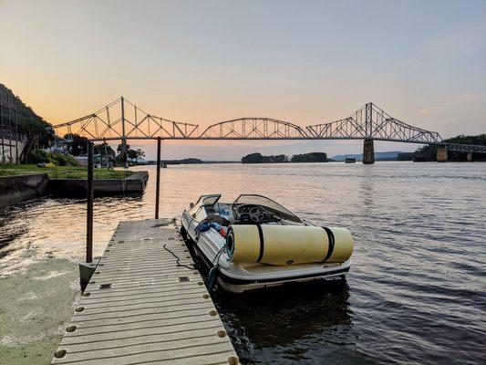 A view of Blackhawk Bridge over the Mississippi River from the pier at Shep's