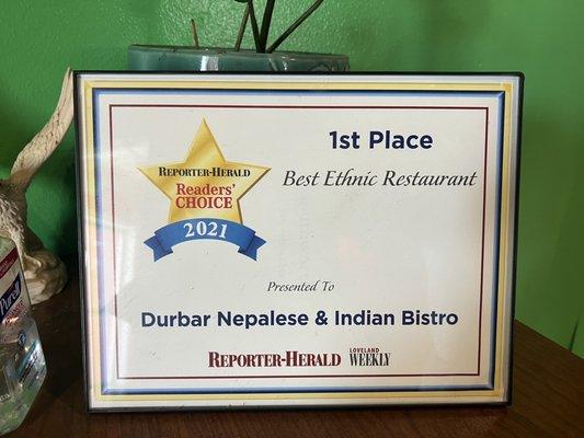 1st place best ethnic restaurant award