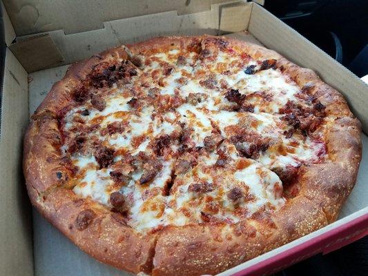 12" with sausage, bacon, and extra cheese