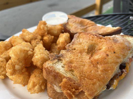 Grown Up Grilled Cheese with four kinds of cheeses and pork belly. With tots, of course.