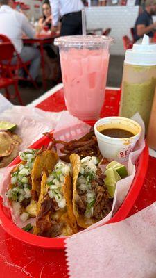 Quesebirria with strawberry horchata