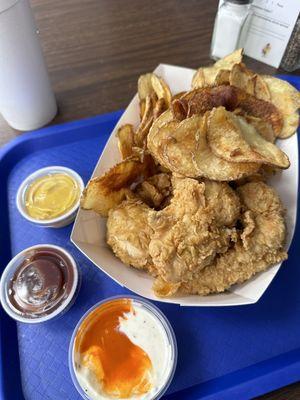 Chicken tenders with the delicious fried potatoes. Hot mustard, BBQ, and house sauce (ranch, blue cheese, and hot sauce)