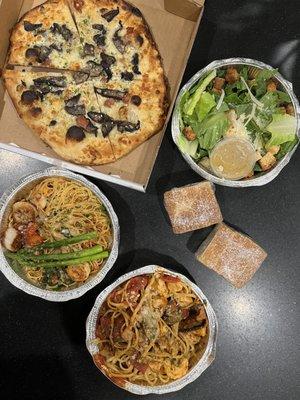 Caesar salad, Baked eggplant with chicken, Tuscan shrimp and scallop, Truffled Mushroom Pizza