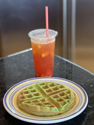 Pandan Mochi Waffle and a red mango fruit tea