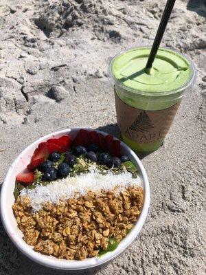 "Adapt Green Smoothie Bowl" & "Radiant" juice