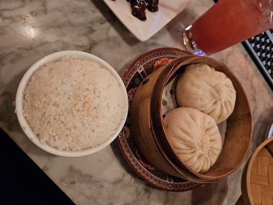 CHAR SIU BAO; BBQ Pork Steamed buns.  (the rice actually came with the roast pork dish before this pic)