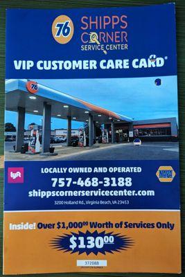 This is the front cover page of their VIP Customer Care Card.  Photo taken October 15, 2023.