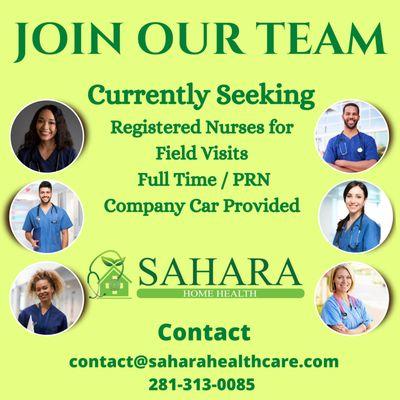 Seeking Registered Nurses for Field Visits Full Time / PRN Company Car Provided. Reach Sahara Home Health Care.