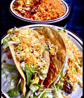 Taco Tuesday- 1 shredded beef & 2 ground beef crispy tacos with bean & rice