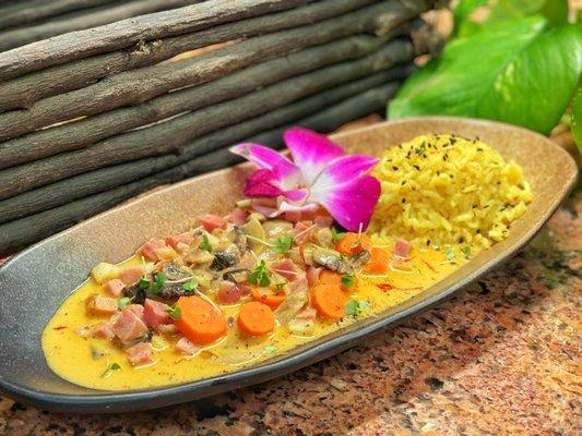 Coconut Ham Yellow Curry with Saffron Infused Rice ~Chef Steven Ferneding