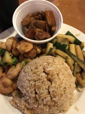 Shrimp, teriyaki chicken, veggies, and rice