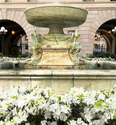 The Belnord fountain, set in the center of the formal courtyard, provides soothing sounds of water.