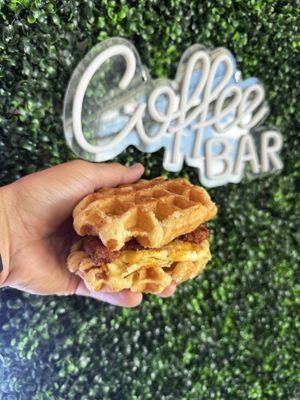 Chicken and waffle breakfast sandwich